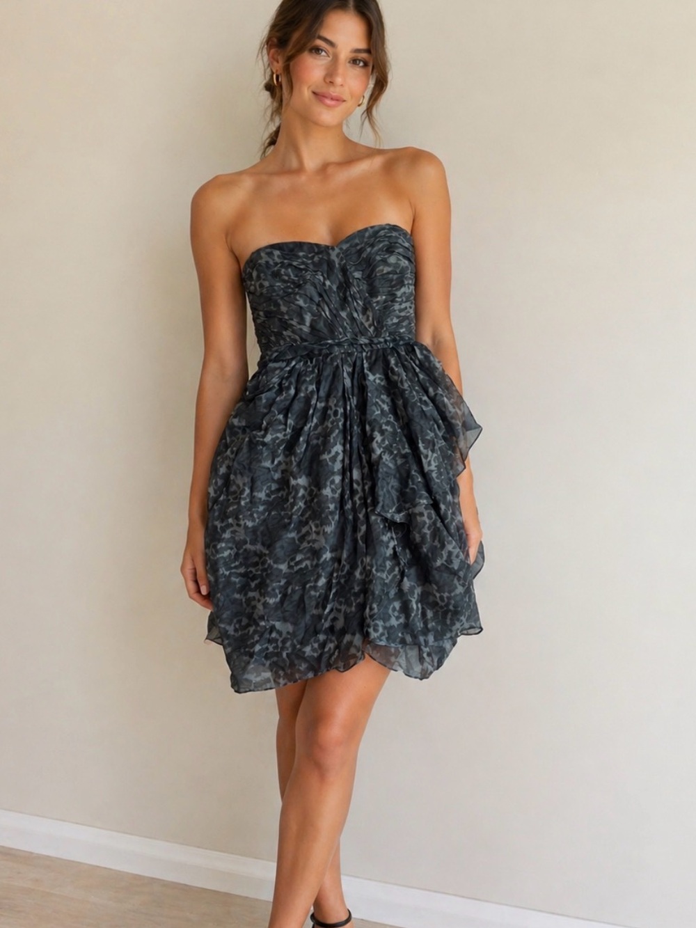 Rebecca Taylor Strapless silk Charcoal animal print belted mini Dress size 8